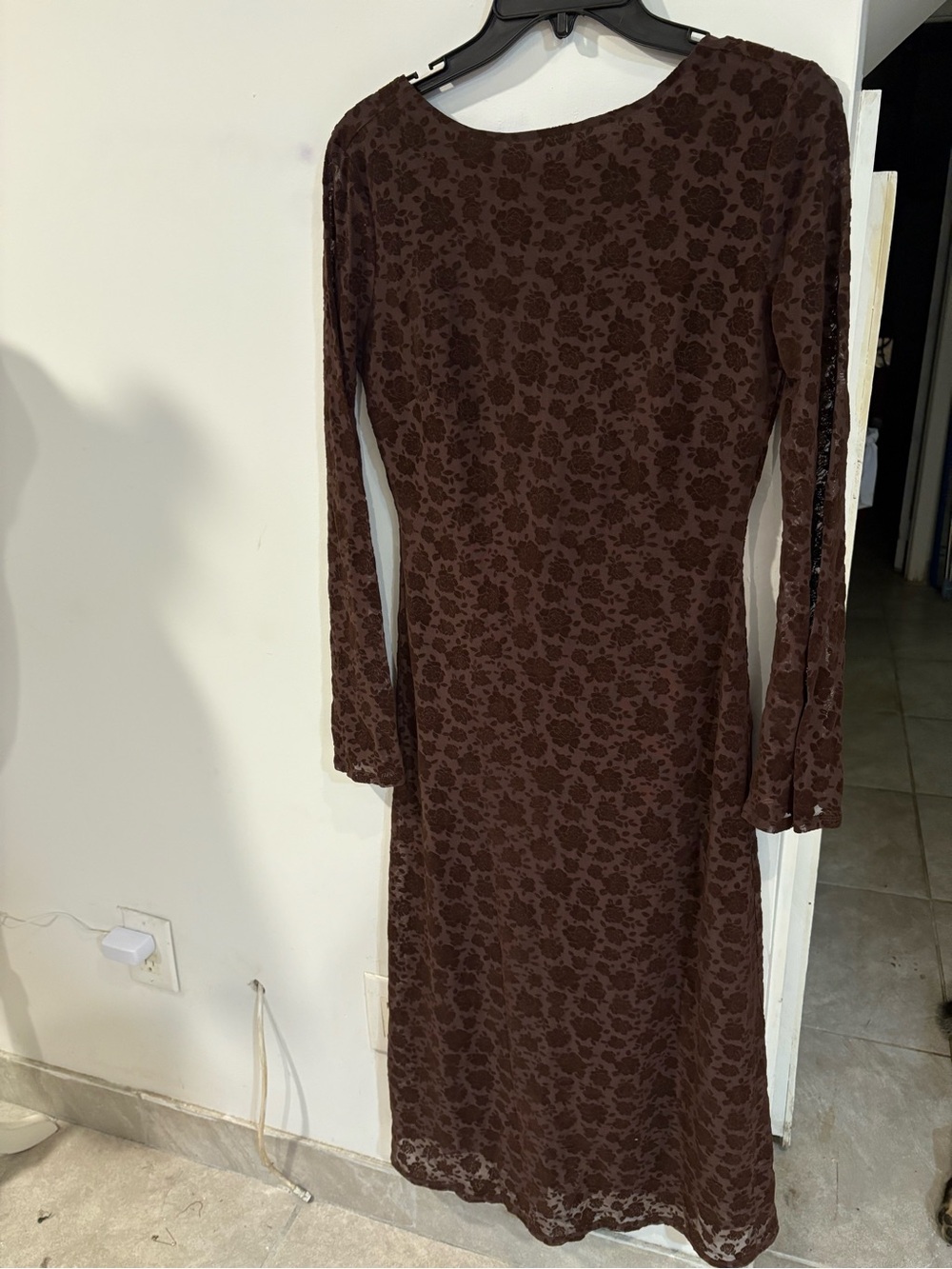 Long Sleeve Brown Floral Lace Midi Dress